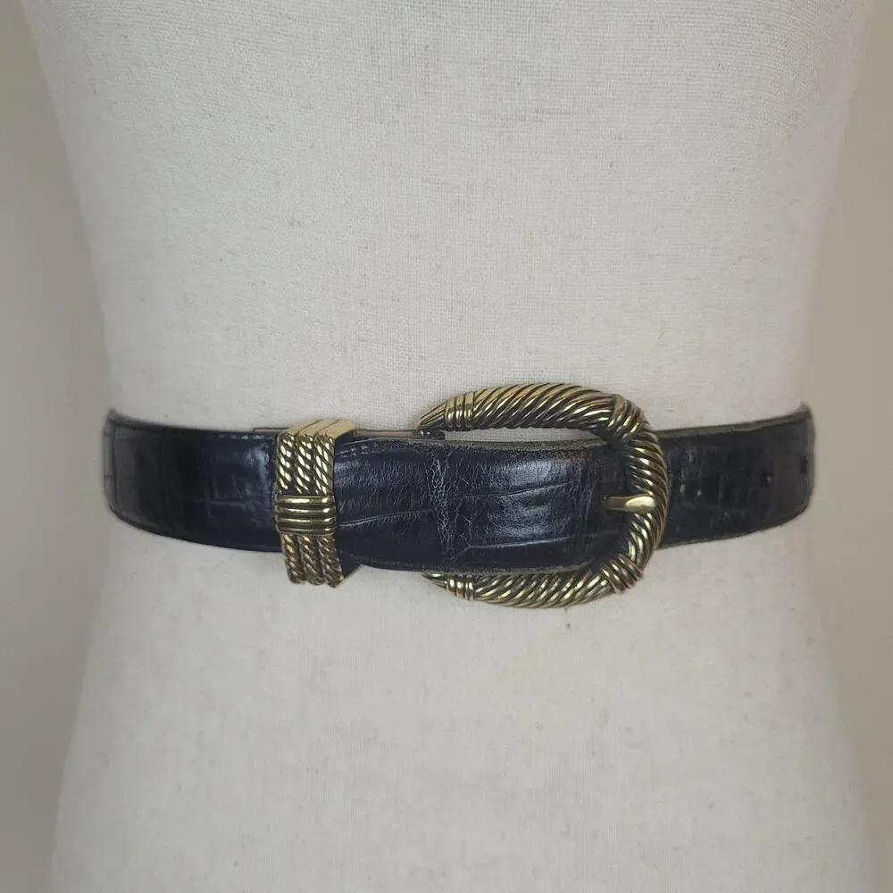 Vintage Brighton Belt Sml Black Leather Textured Rope Buckle Western Cowgirl 90s